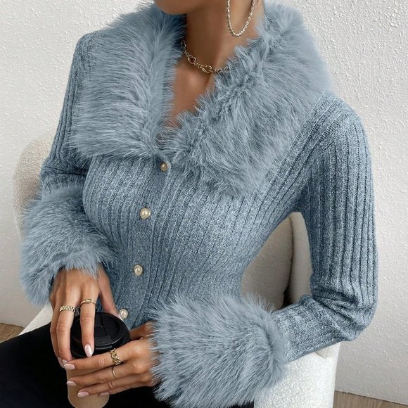 Faux Furry Collar Long Sleeve Knitted Ribbed Cardigan Dusty Blue - Picture 5 of 5